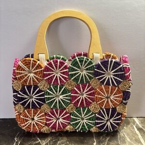 Woven Corn Husk Market Basket Purse Bag Tote‎ Wooden Handle Boho Grandma Core